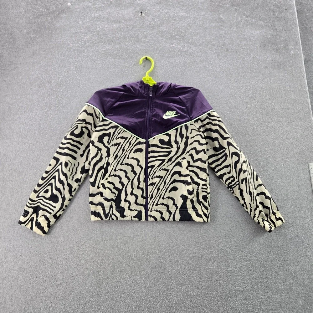 Nike Girl Jacket L Purple Windbreaker Animal Print DN5115-525 Logo‎ Zipper Long